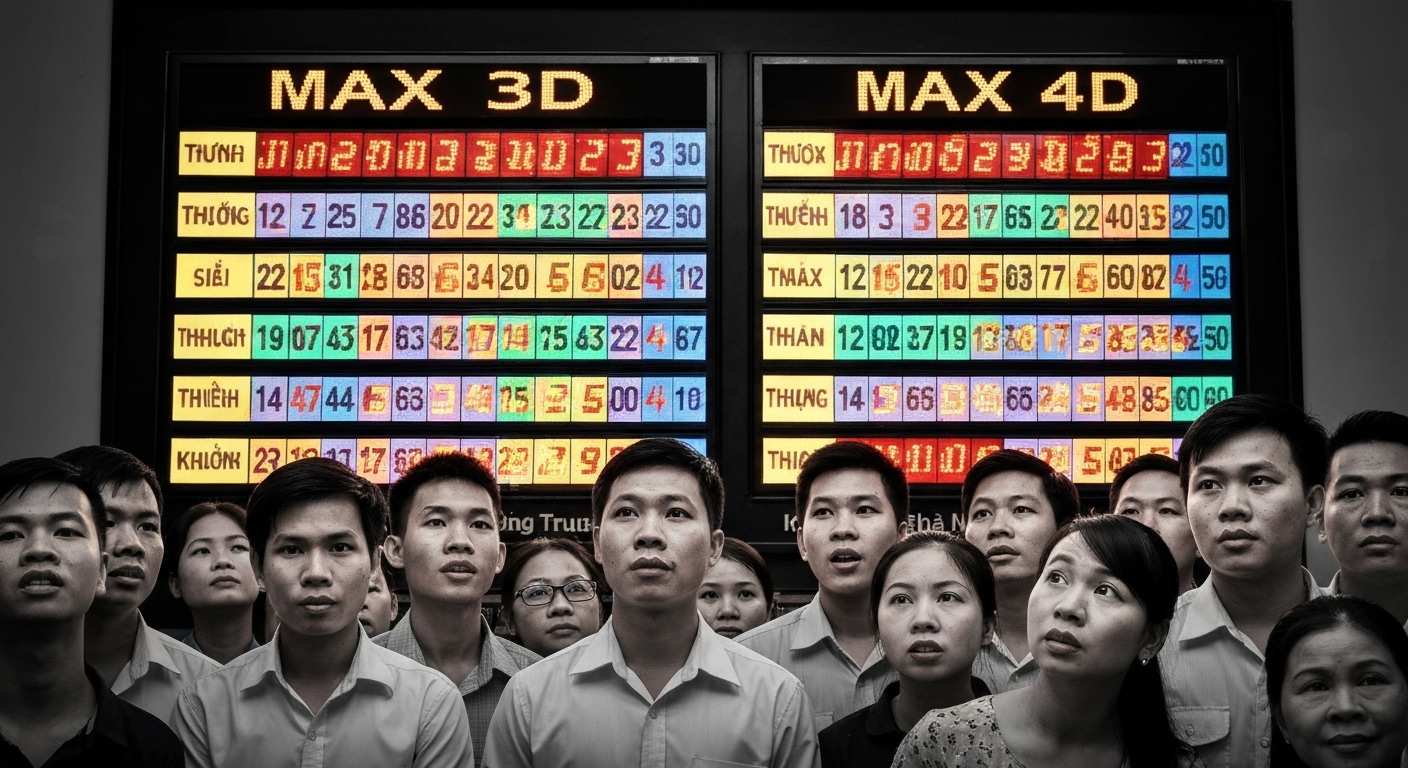Kết quả xổ số Max 3D và Max 4D được hiển thị.