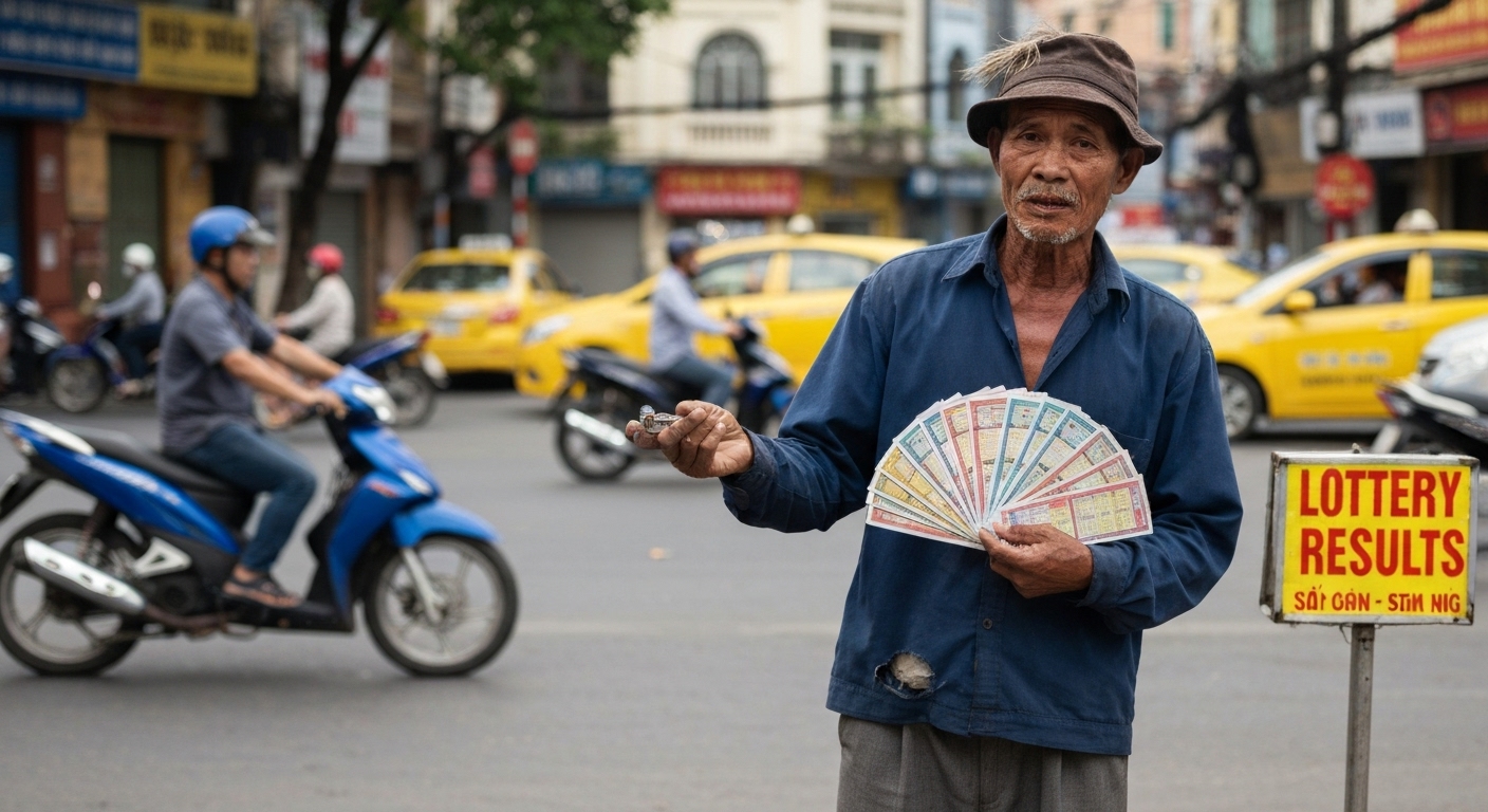 Một người bán vé số dạo trên đường phố Hải Phòng.